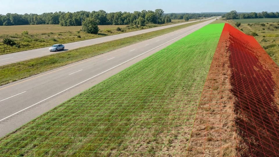 The roadside recovery area beside a highway, green where clear and red where not