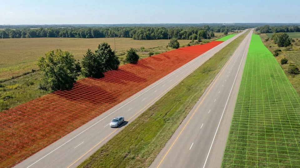 Embankment slopes along a divided highway, colored by steepness