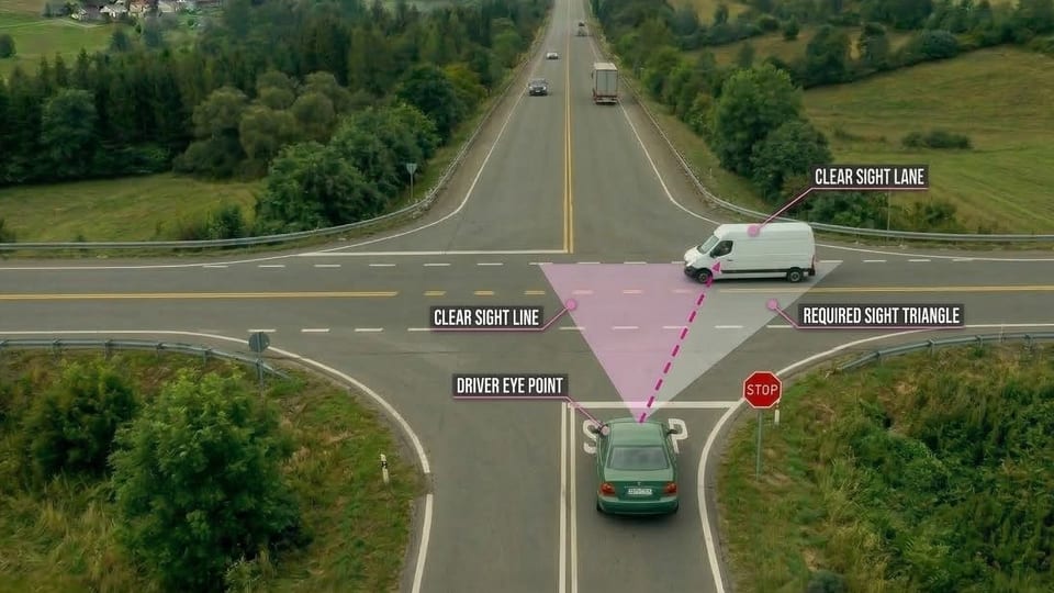 A sight triangle drawn at a rural intersection
