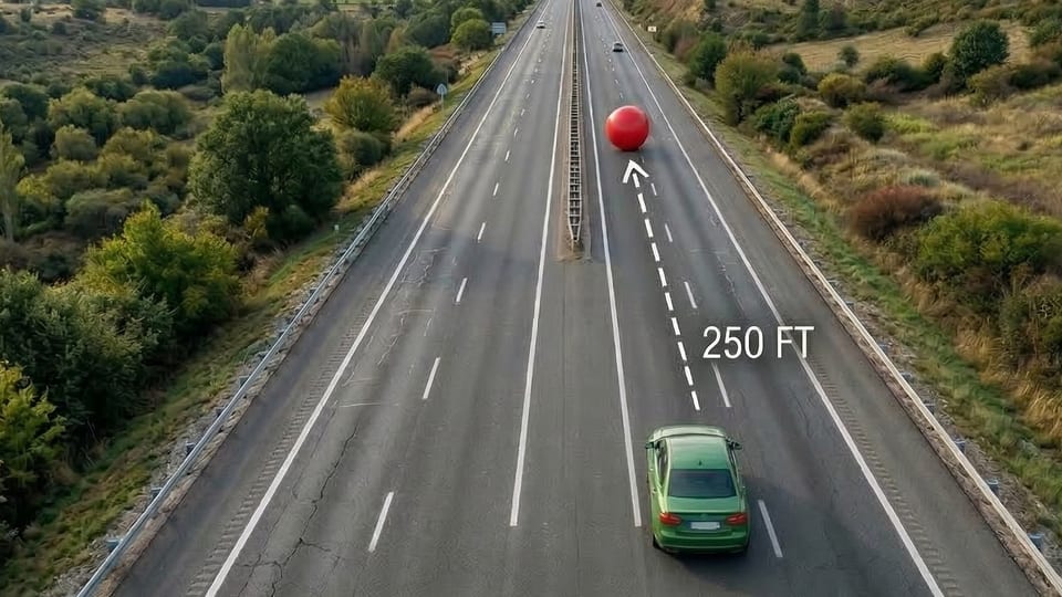 A sight line measured ahead of a car on a two-lane highway